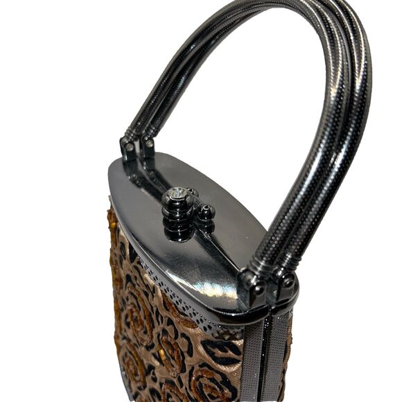 Unbranded EVENING CLUTCH Gold And Black Bead,Black Metal Handle, Trim And Clasp - Picture 4 of 11